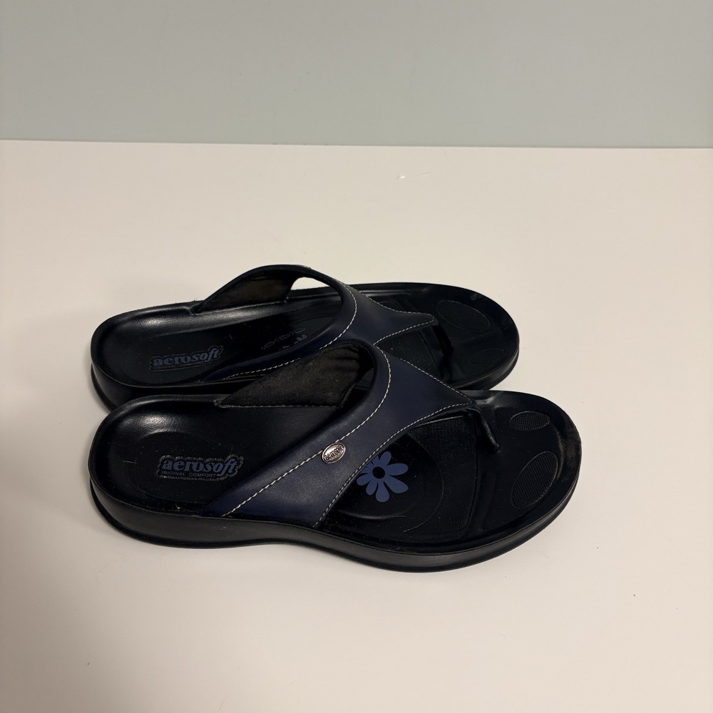 Aerosoft Original Comfort Navy Black Thong Wedge Sandals Womens Size 41 US 10